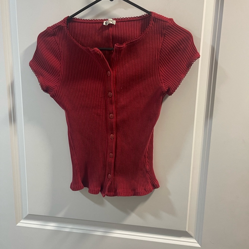 Free People Ribbed Button-Front Red Women's Top